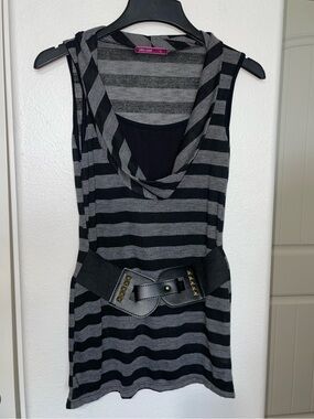 Late 2000’s Julie’s Closet Black and Gray Stripe Mini Dress with Studded Belt